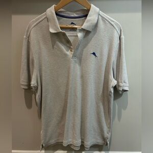Tommy Bahama Polo!! This grey stripped polo is super soft and comfortable.